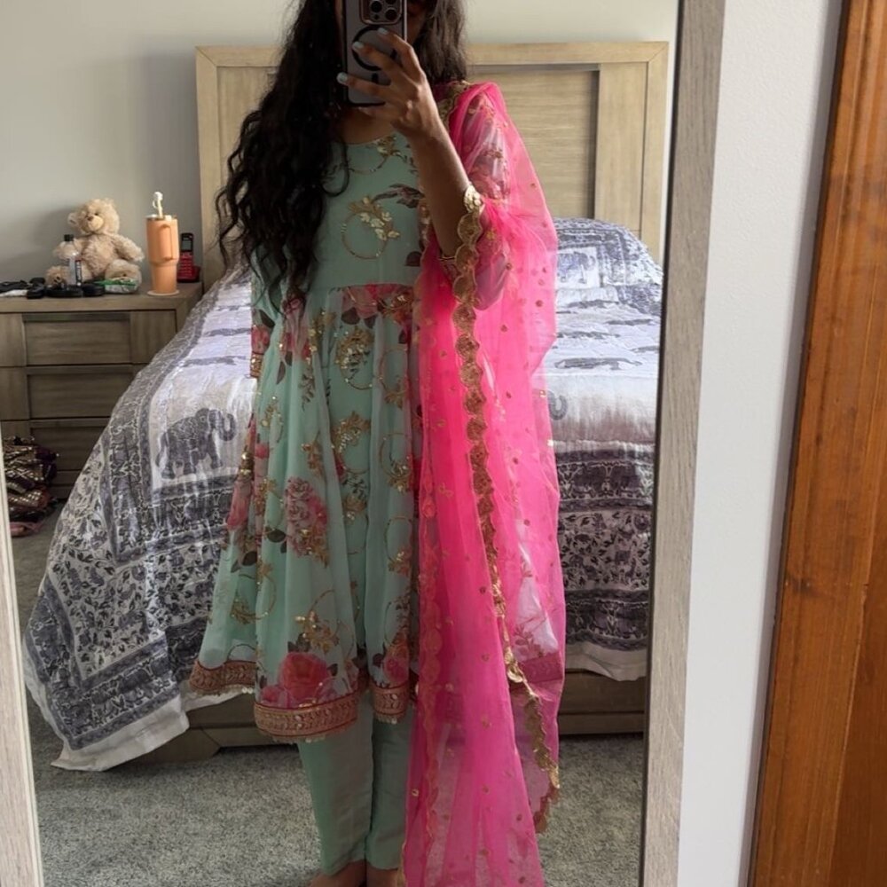 Blue Flower Dress with Pants